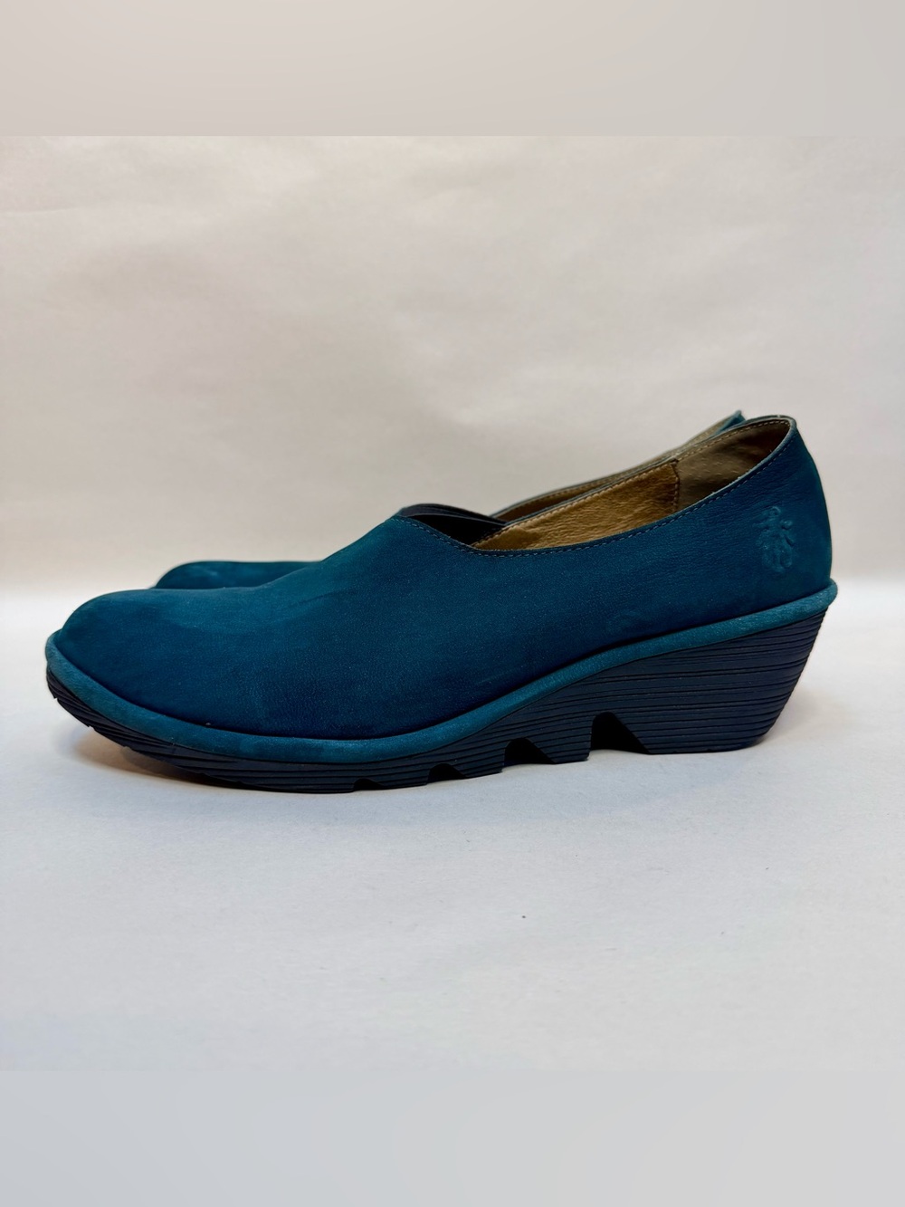 Fly London Teal Petrol Blue Wedge Slip On Shoes Elastic Gore Womens 40